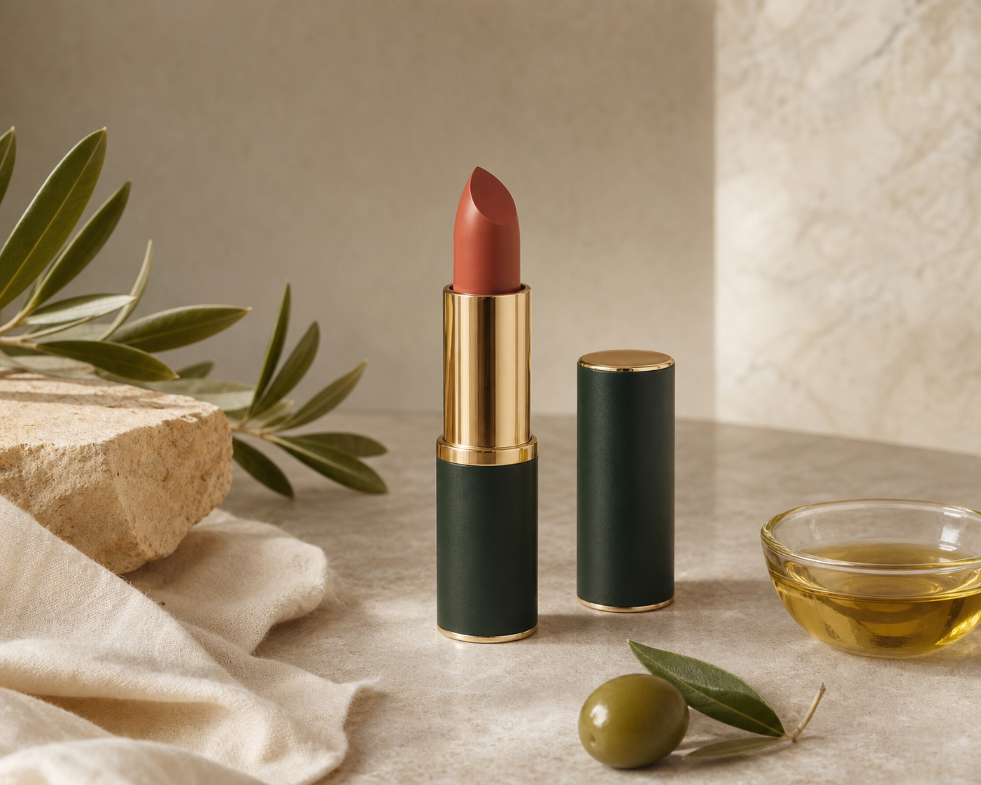 Ciao Cream Lipstick in forest green and gold packaging with olive leaves and warm stone styling