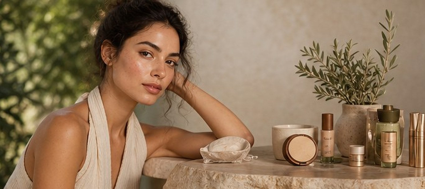 Model wearing EARTHA organic makeup with botanical ingredients and warm daylight